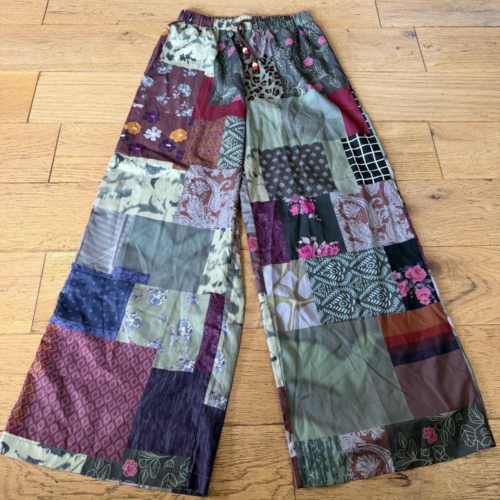 ROMWE Patchwork Wide Leg Pants S Multicolor New Boho Mixed Print Beaded (2012)